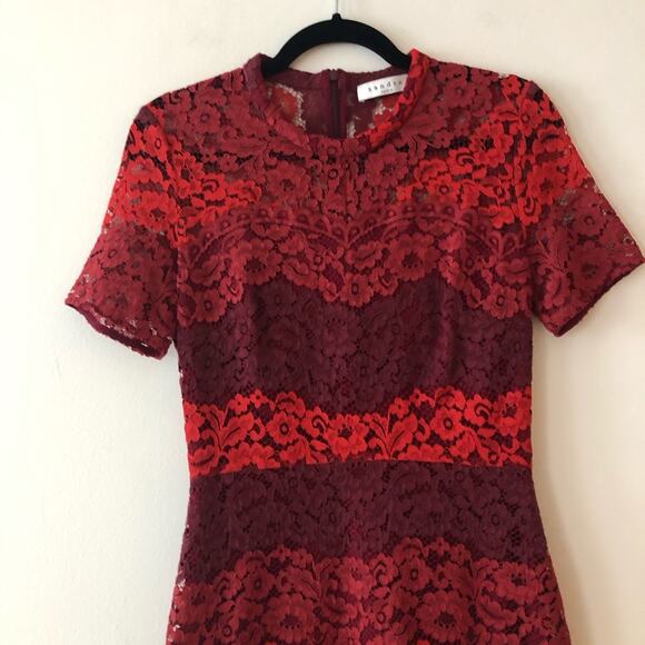 Sandro Rodney Red Colorblock Striped Lace Dress - Picture 4 of 9